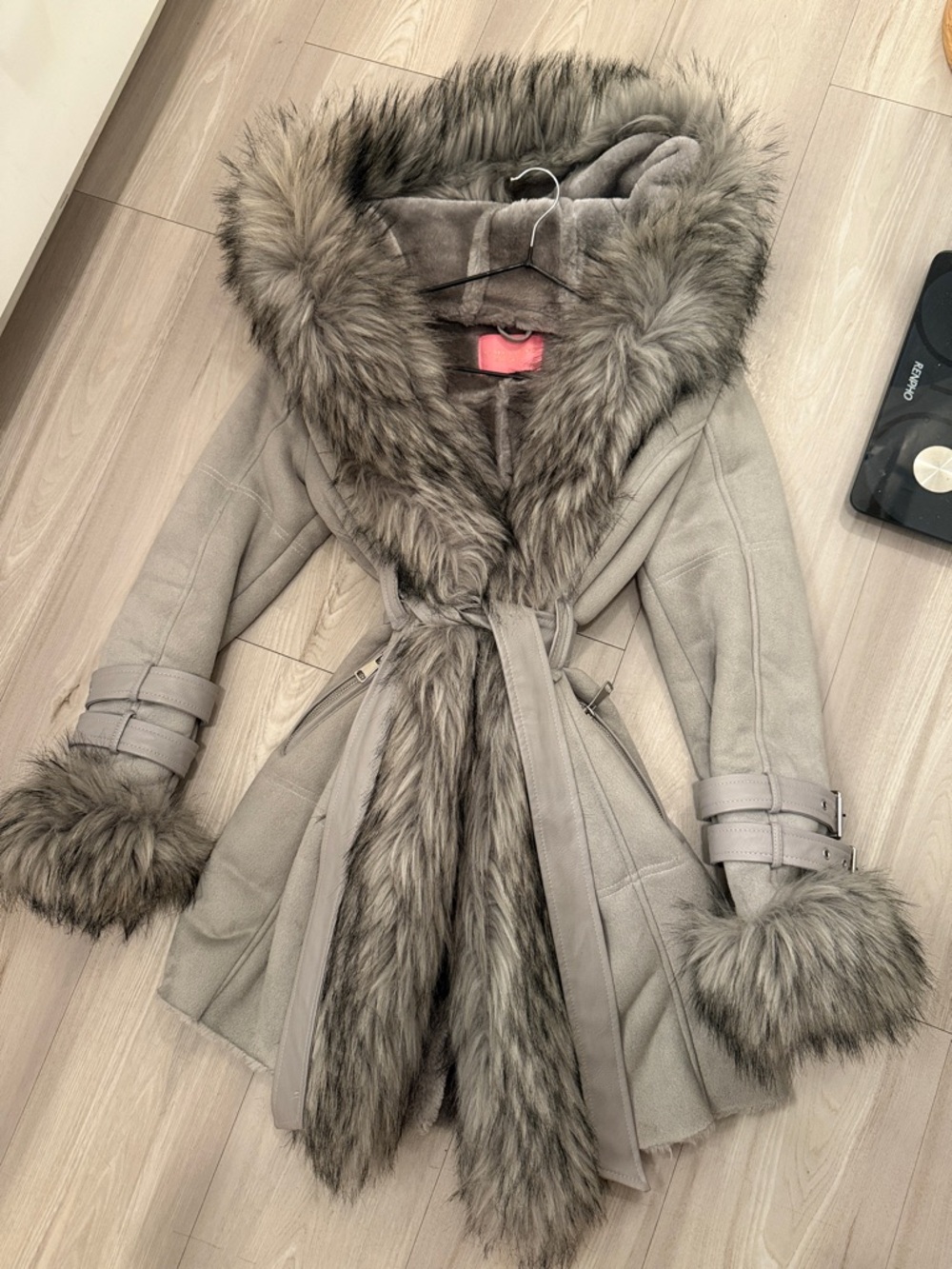 Lux Faux-Fur Trim Hooded Coat - Taupe Gray